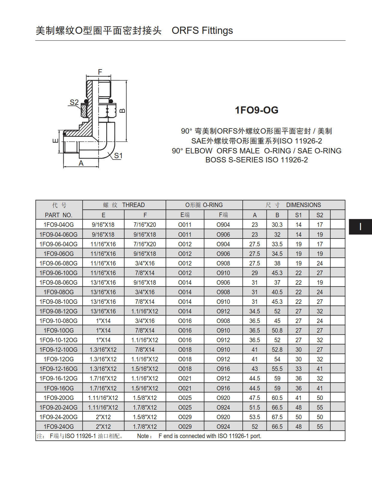 1FO9-0G 90°ELBOW ORFS MALE O-RING / SAE O-RING BOSS S-SERIES ISO 11926-2